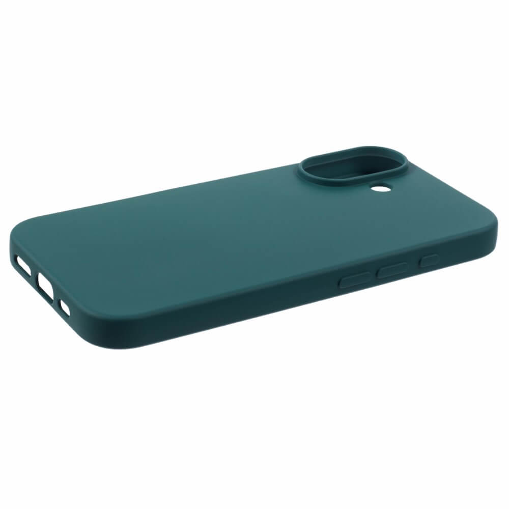 Custodia per telefono verde scuro con ritagli per fotocamera e pulsanti.