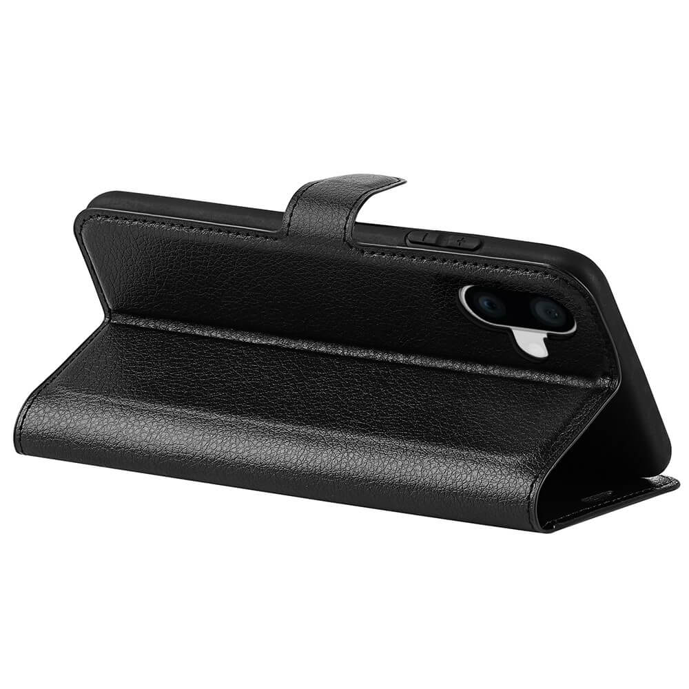 Custodia a libro in pelle nera per smartphone, con fotocamera e pulsanti.