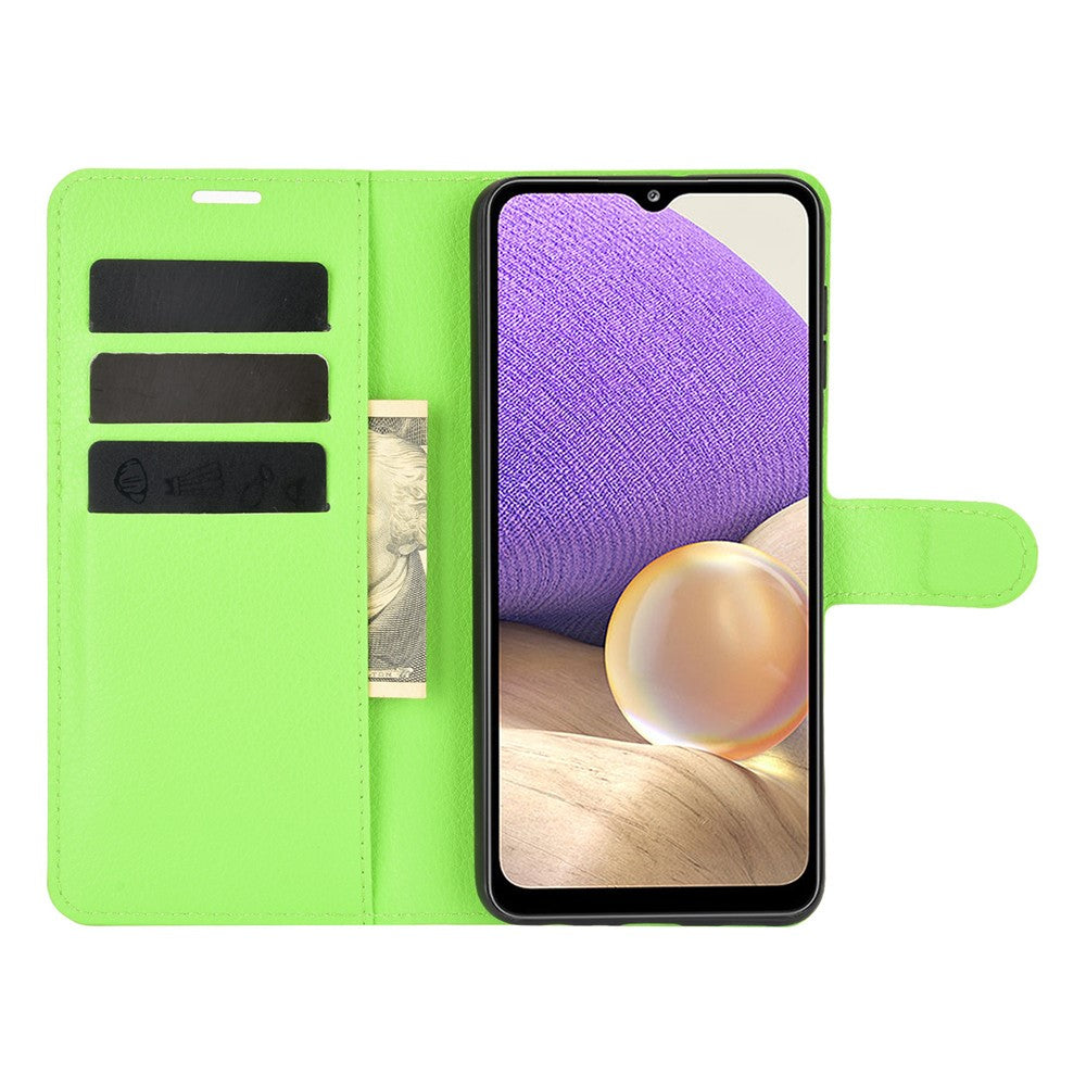 Custodia a libro verde brillante per telefono con slot per carte e banconota. Aperta.