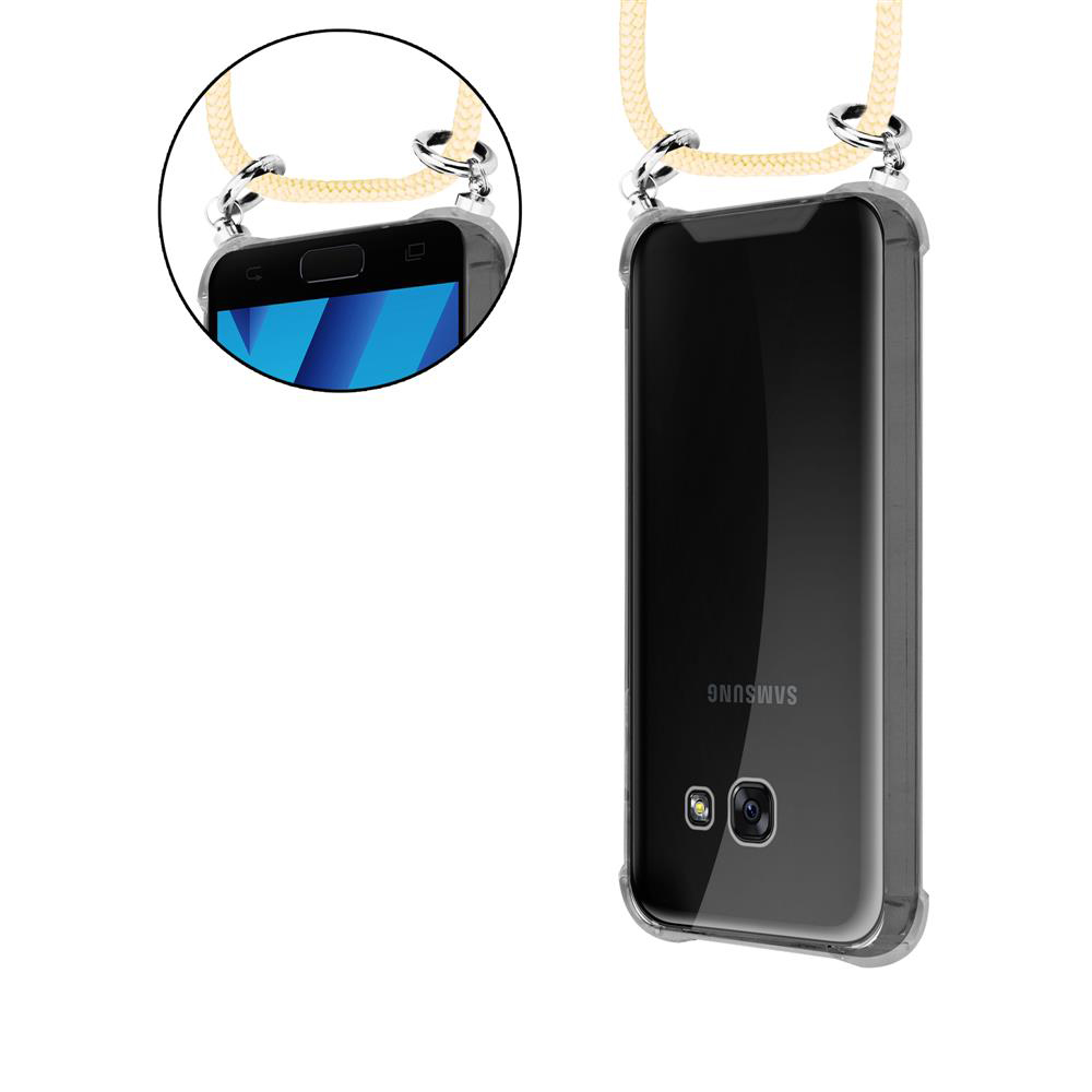 Ein durchsichtiger Handytasche mit einem gelben Band, das um das Telefon und die Tasche gewickelt ist.