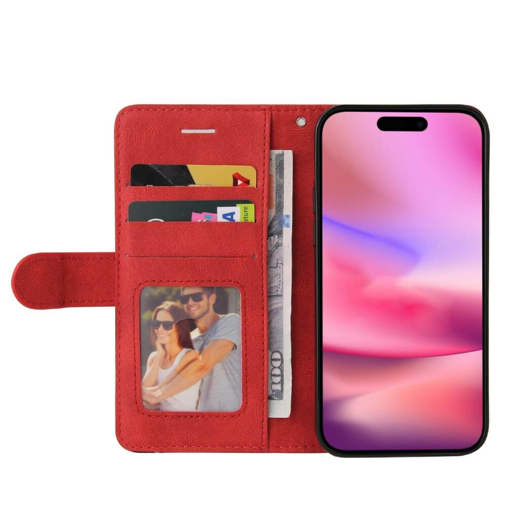 Custodia a portafoglio rossa con telefono, foto, carte e contanti.