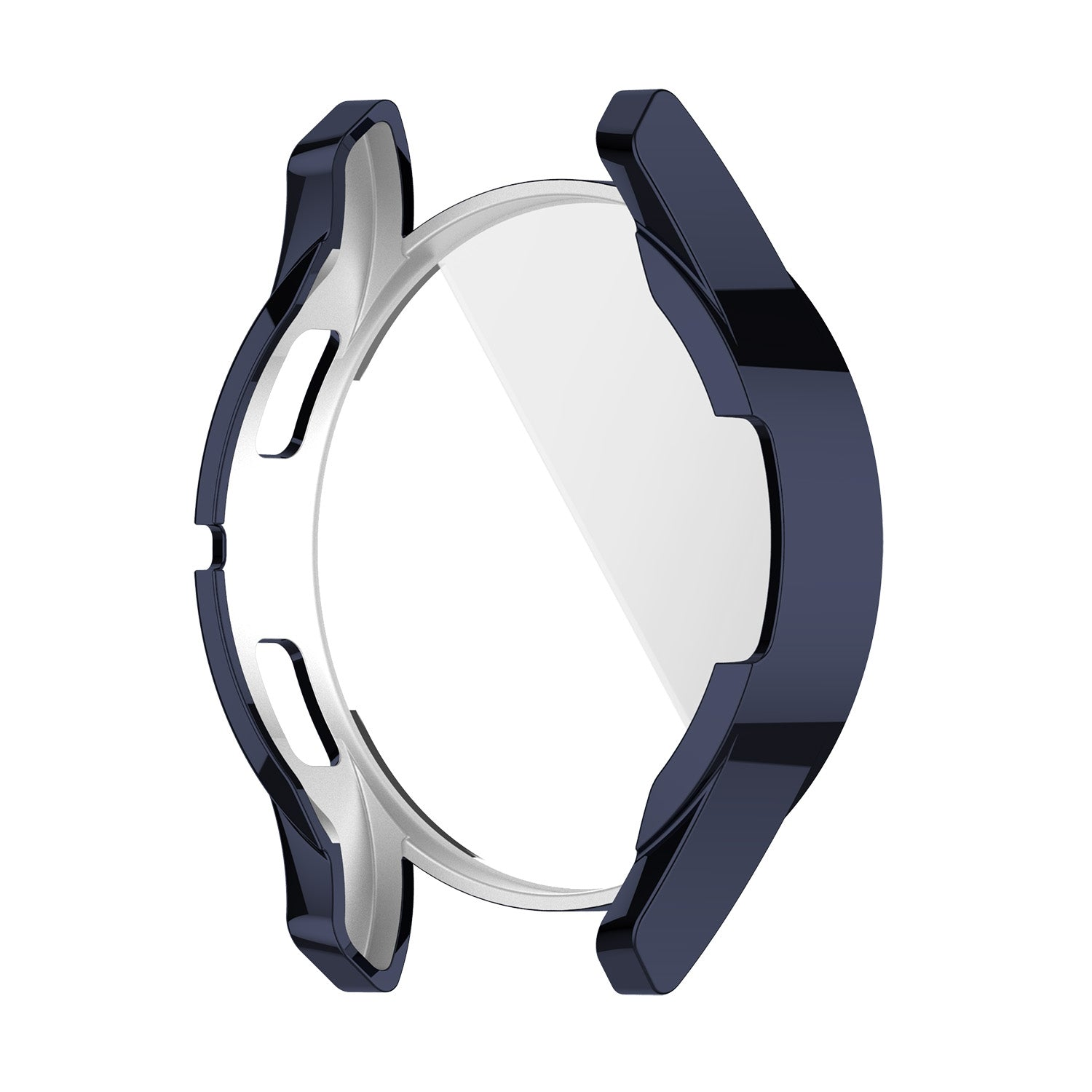 Custodia blu scuro per orologio con inserto argentato, forma rotonda.