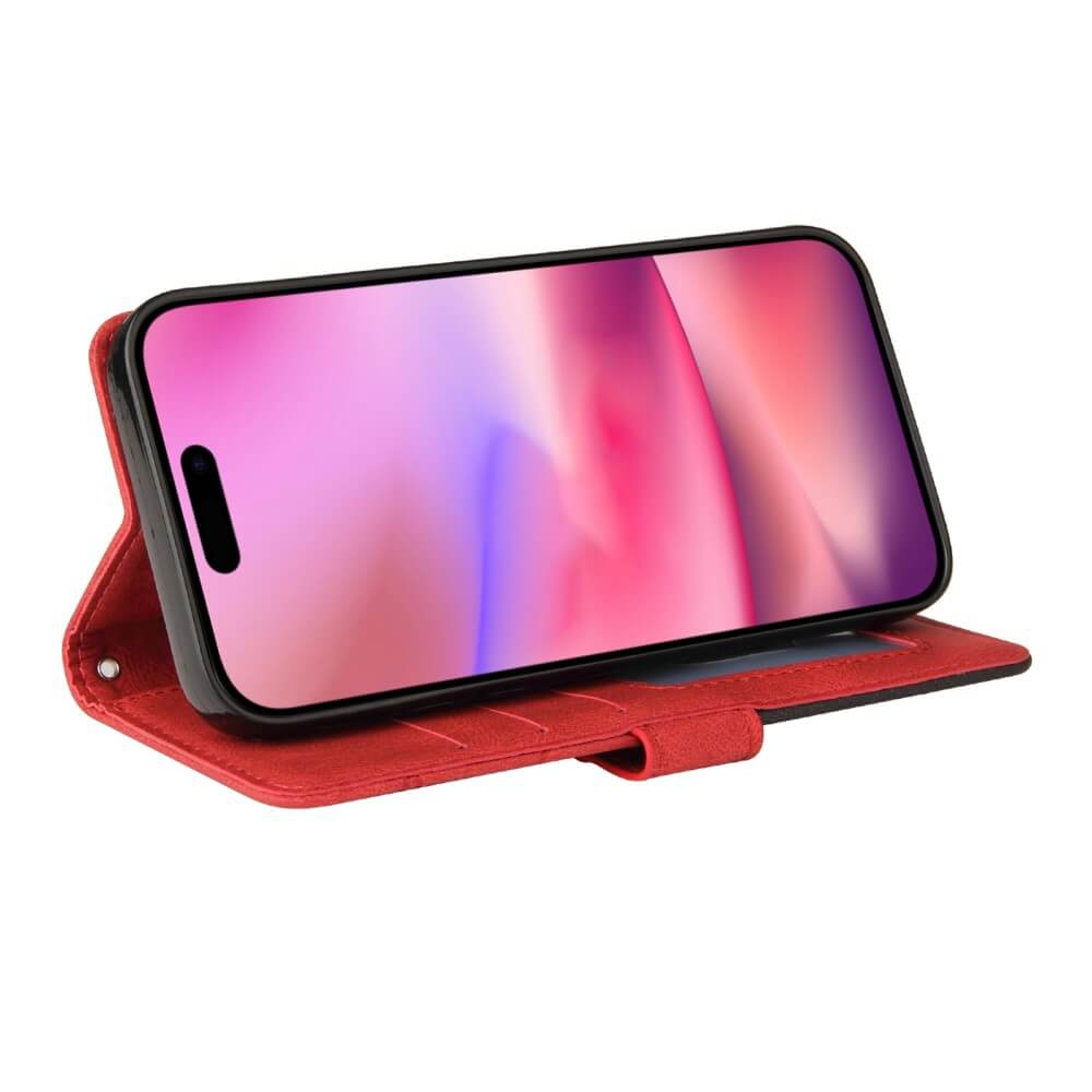 Custodia a libro rossa con smartphone in piedi.