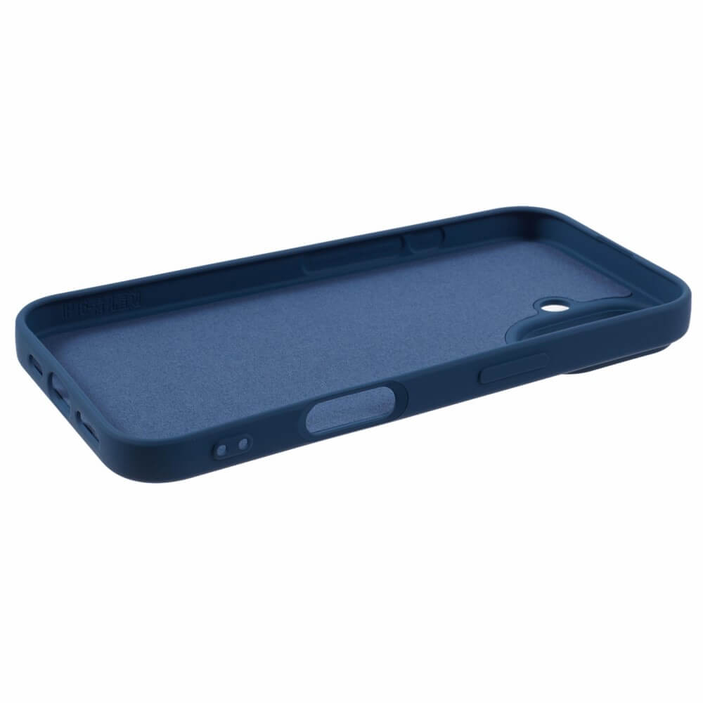 Custodia blu scuro per telefono, interno con testo in rilievo.