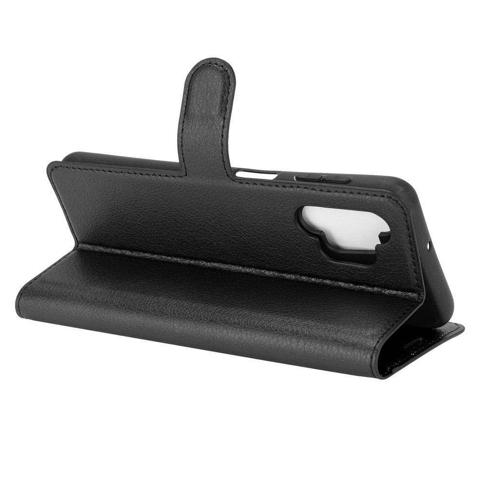 Custodia a libro in pelle nera per smartphone, aperta, con ritagli per fotocamera e pulsanti.