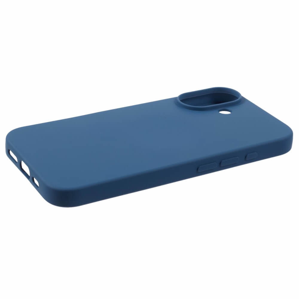 Una custodia blu per telefono con ritagli per fotocamera e pulsanti.
