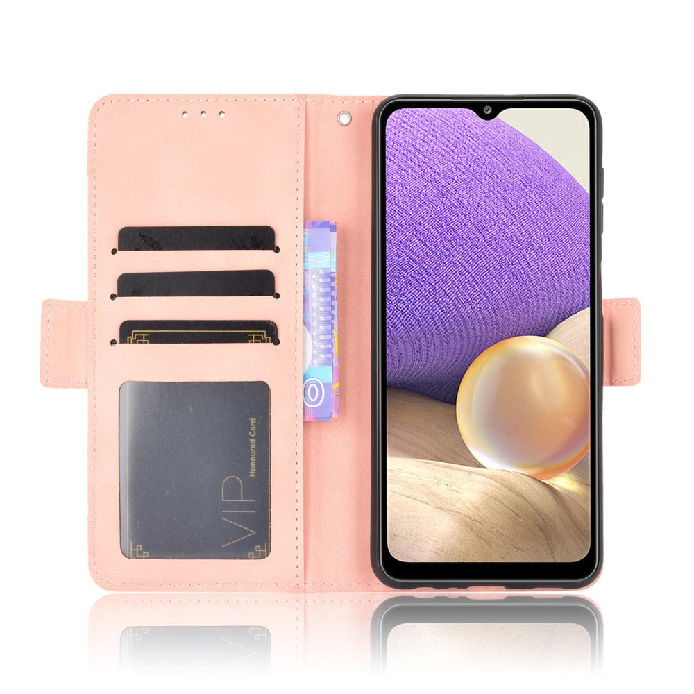 Un porta telefono rosa con slot per carte e un telefono con schermo viola.