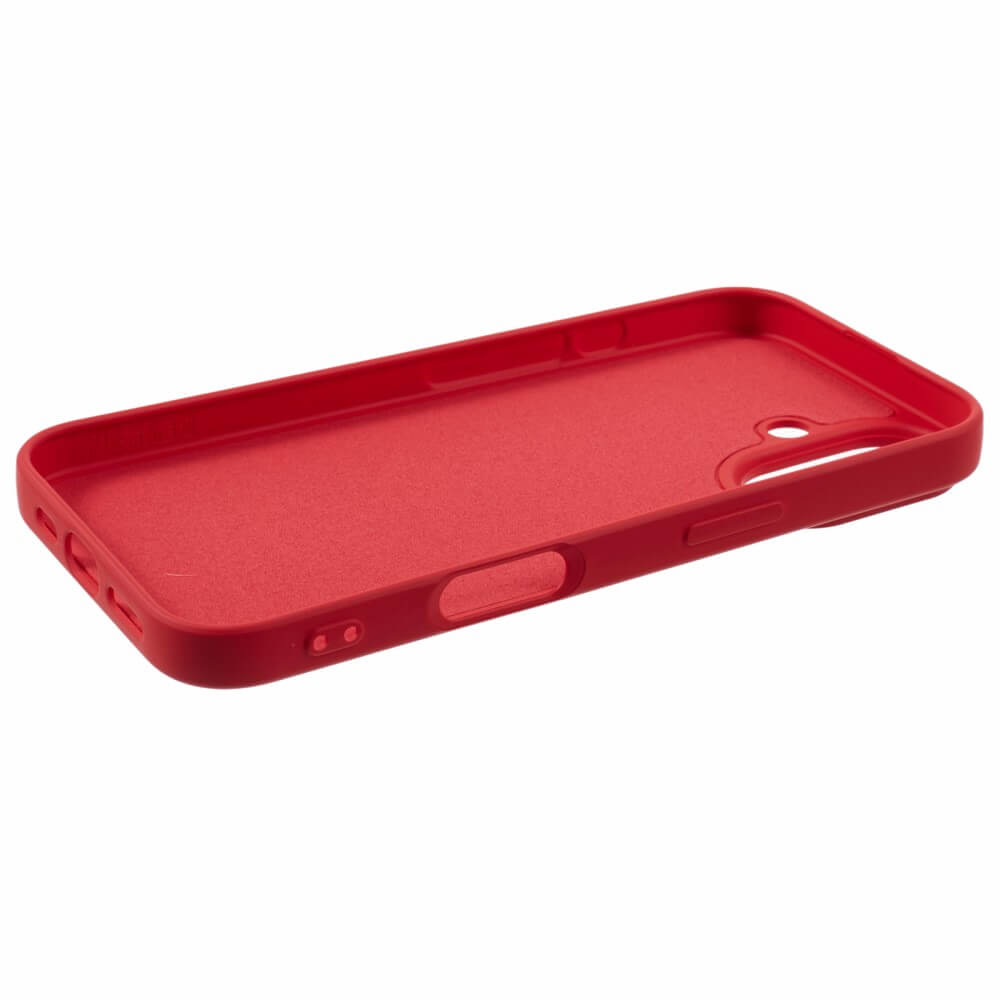 Custodia rossa per telefono con ritagli per fotocamera e porte.