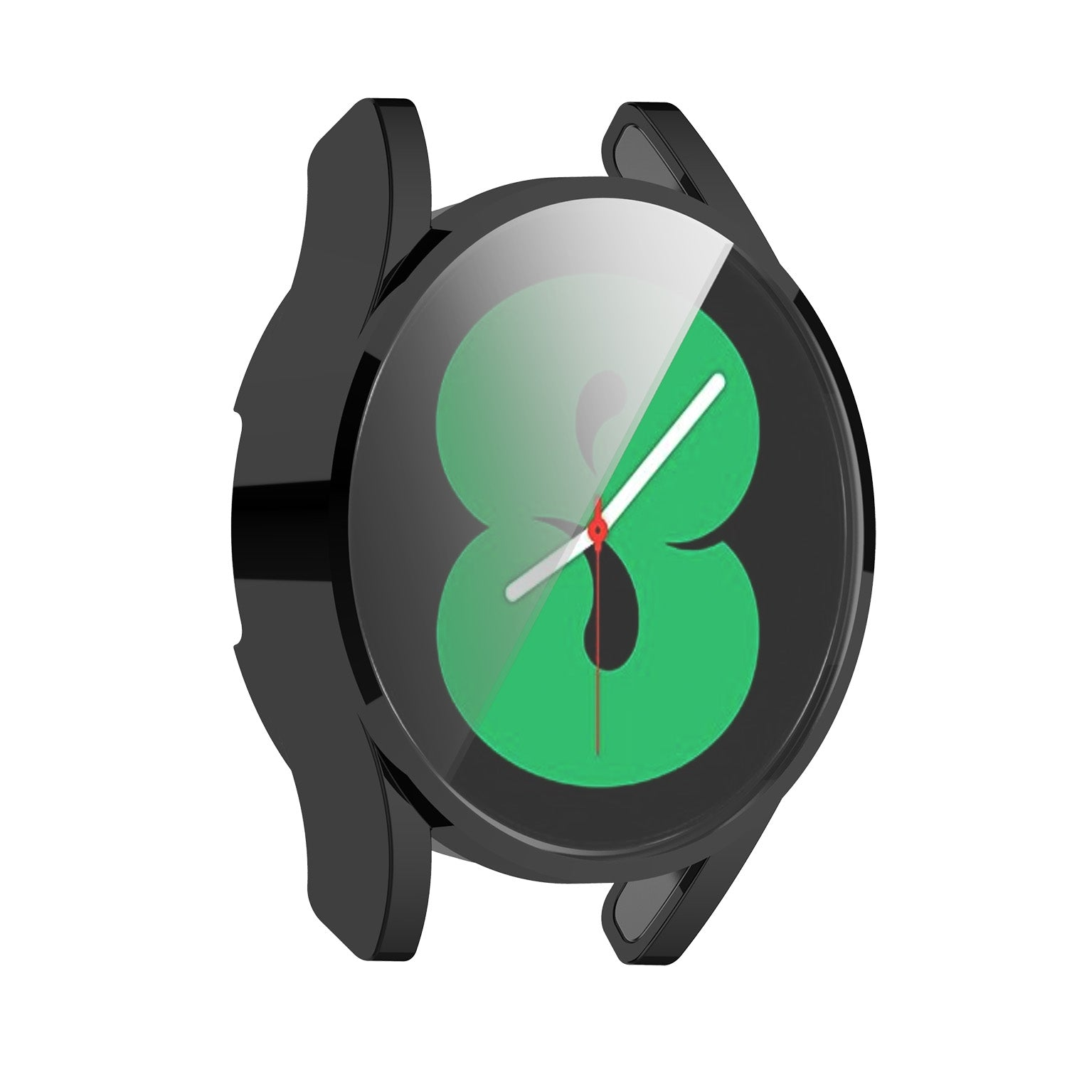 Cassa di smartwatch nera con display digitale verde e lancette.