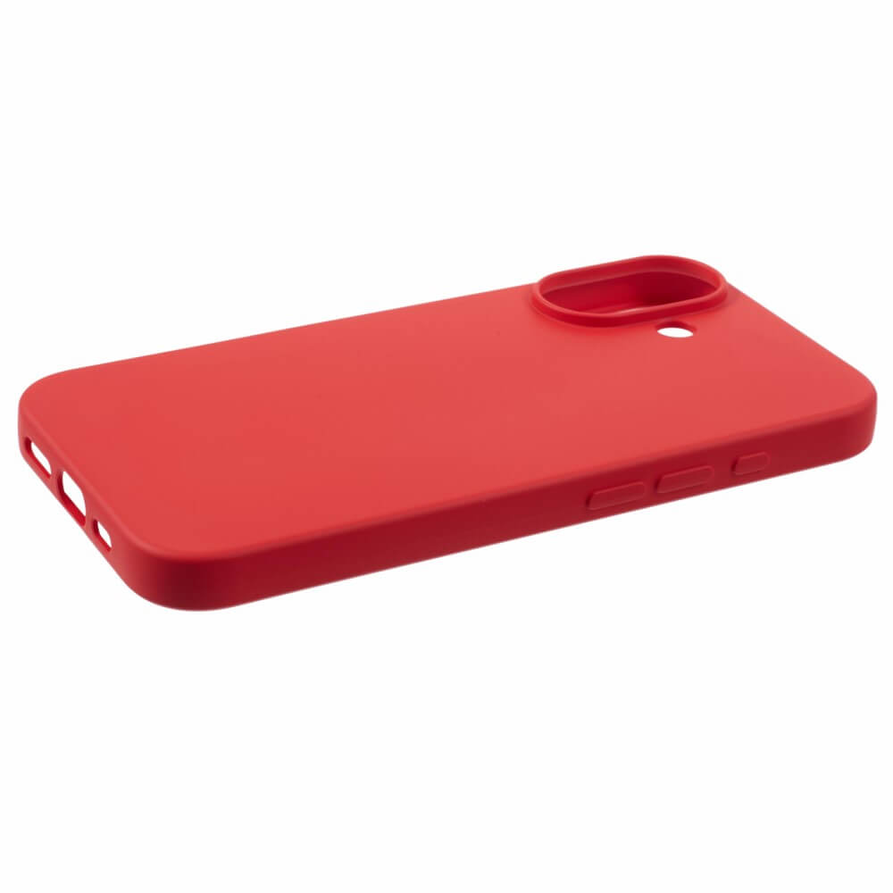 Custodia rossa per telefono con ritagli per fotocamera e porte.