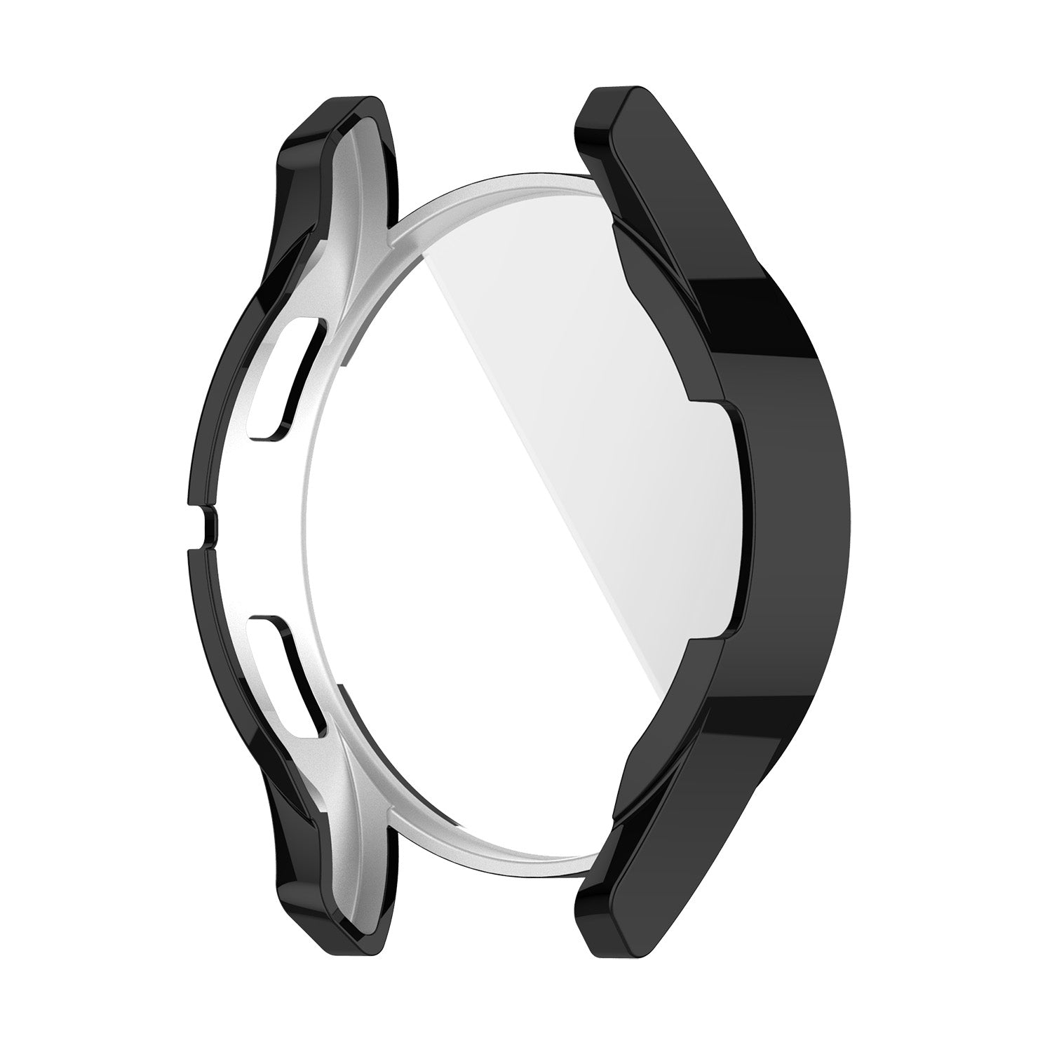 Custodia protettiva nera per smartwatch con sezione trasparente.