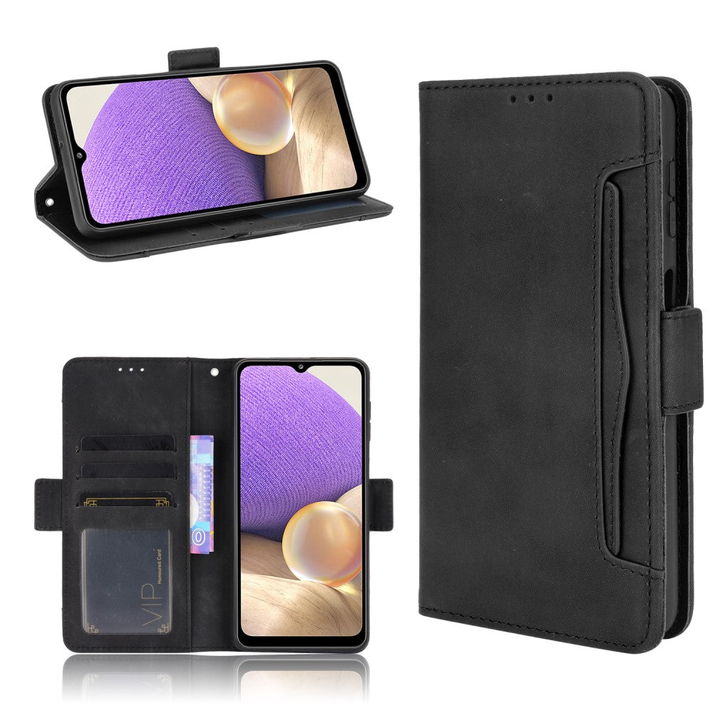Custodia nera per telefono con slot per carte e un telefono con sfondo viola.