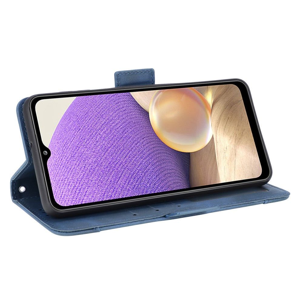 Custodia a libro blu aperta, schermo con motivo viola e bolla.