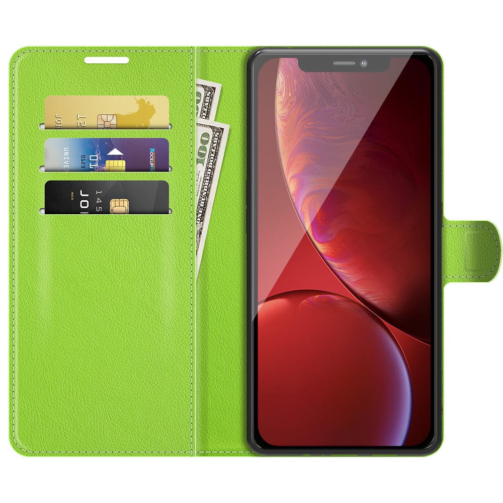 Custodia verde per telefono con slot per carte e tasca porta soldi.