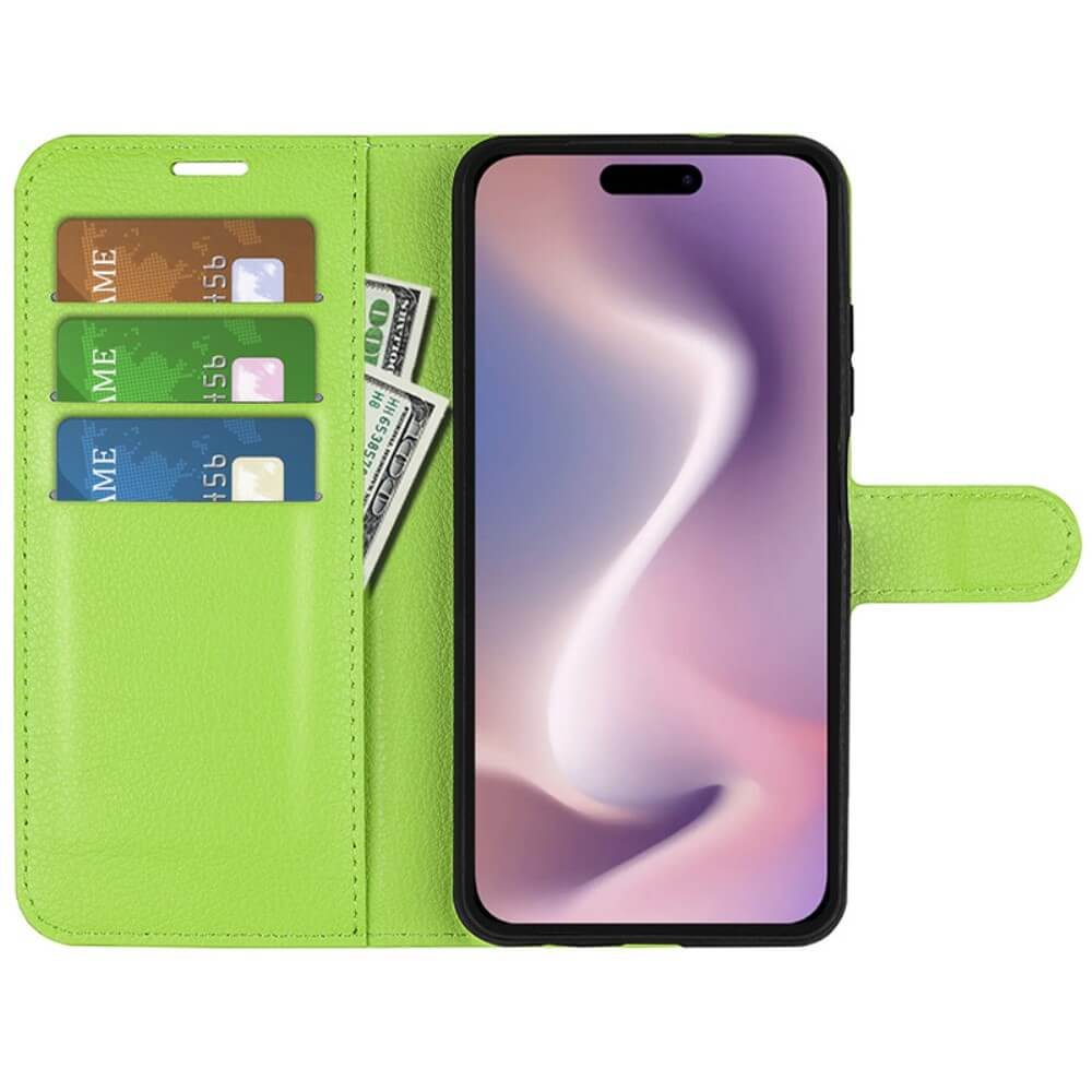 Custodia per telefono verde con slot per carte, banconote e uno smartphone.