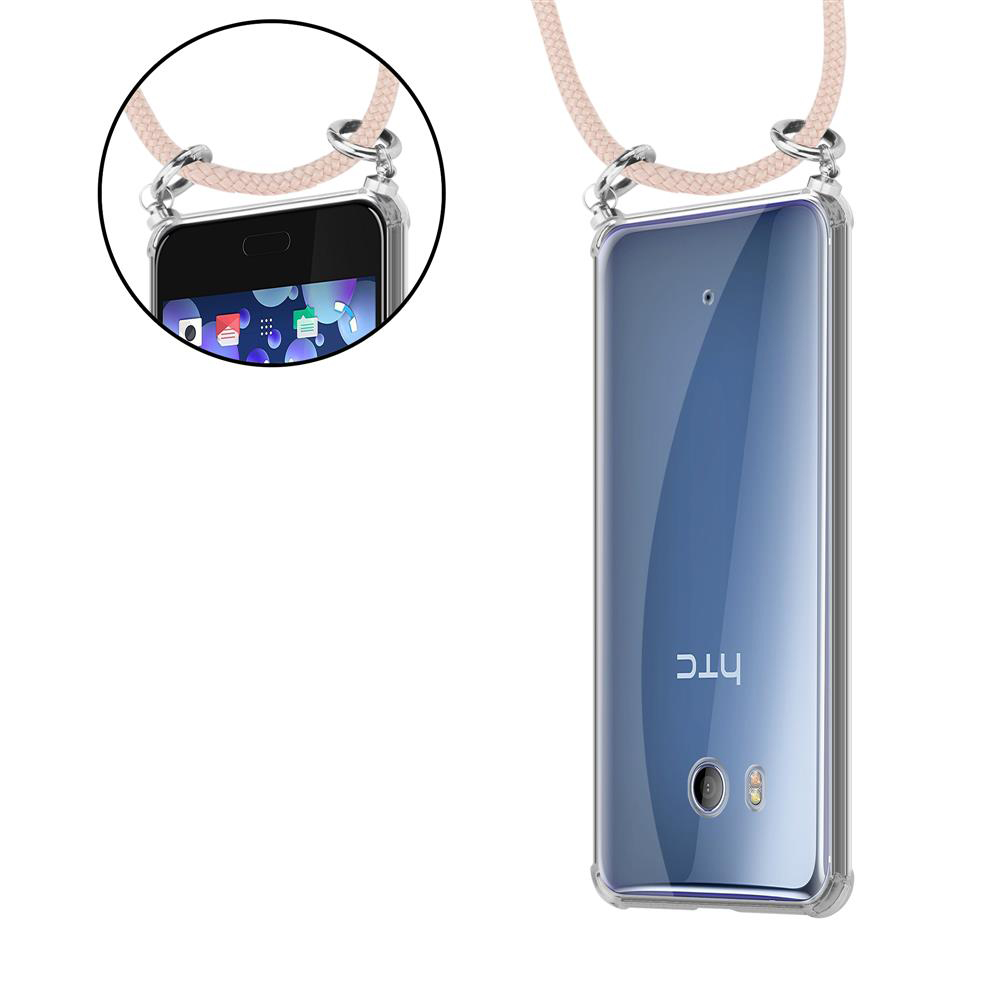 Ein durchsichtiger Handyhülle mit einem Band, das um das Telefon herumführt.