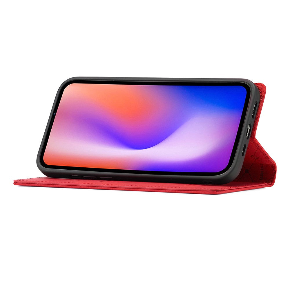 Custodia a libro rossa per smartphone con cornice e schermo neri.