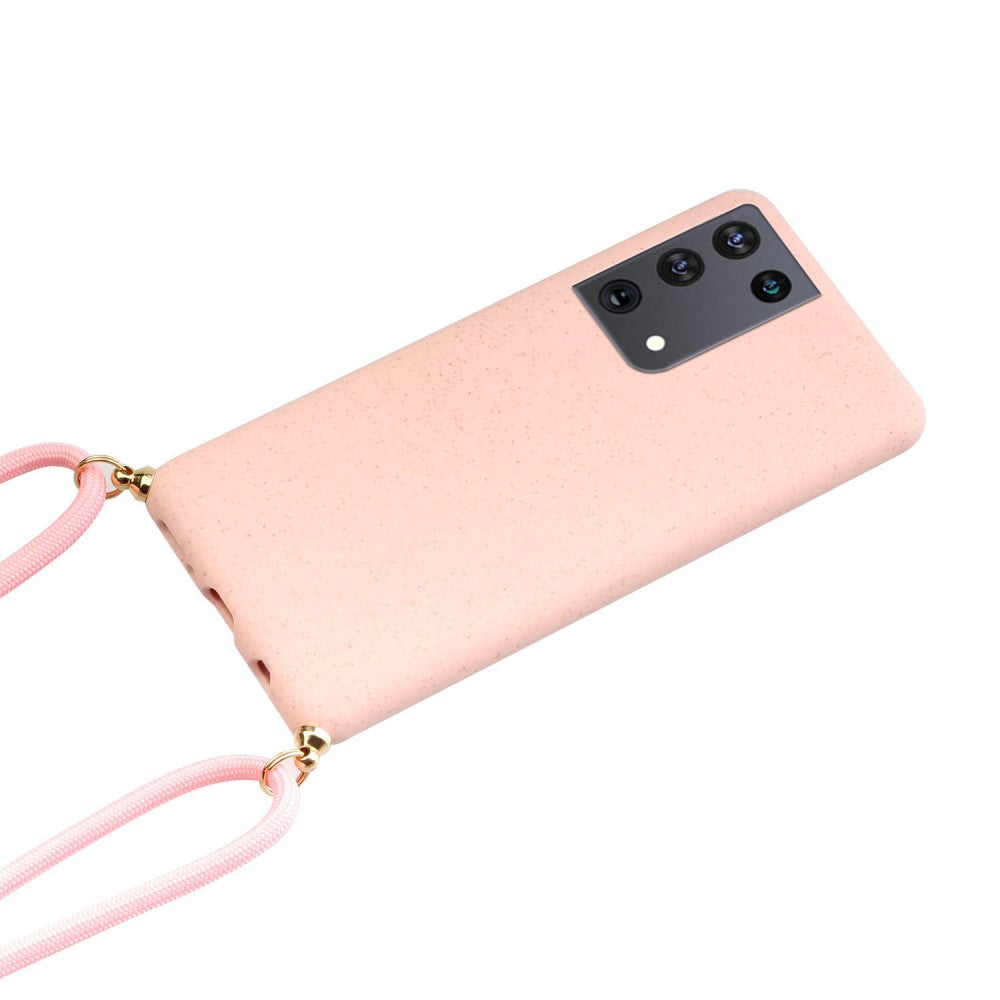 Custodia rosa per telefono con laccetto, gruppo fotocamera in alto a destra.