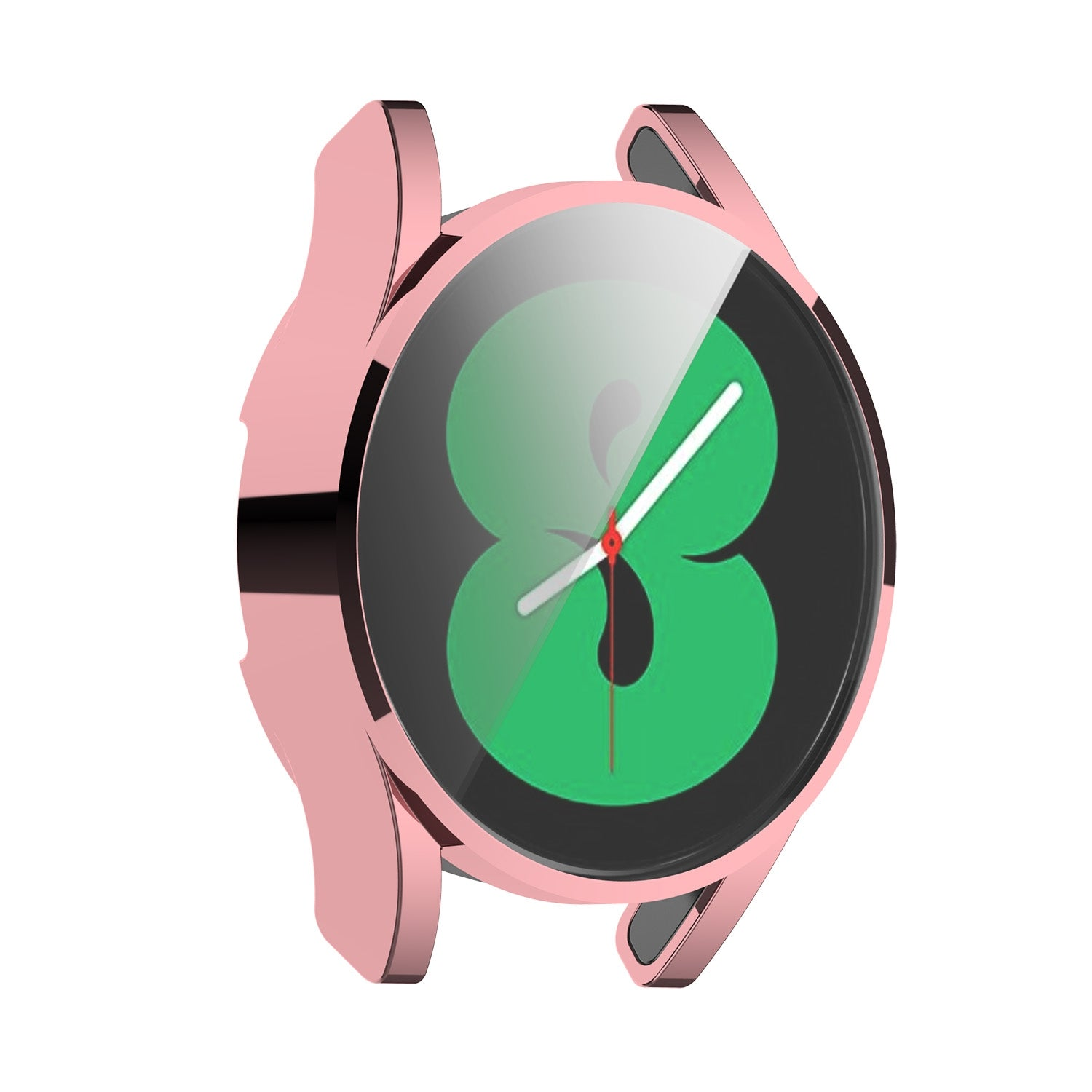 Montre connectée or rose avec écran numérique vert et aiguilles blanches.