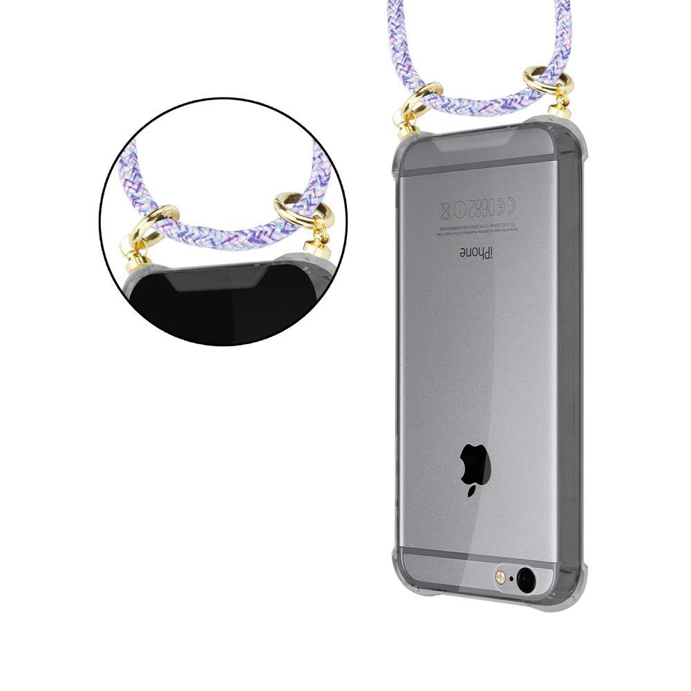 Una cover trasparente per iPhone con cordino viola e bianco.