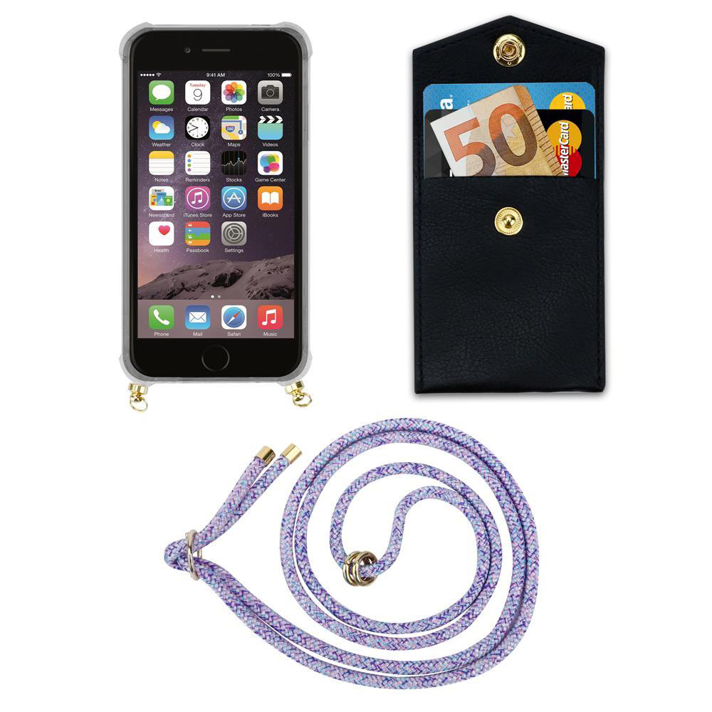 iPhone con custodia trasparente, porta carte nero con banconota da 50€, laccetto viola.
