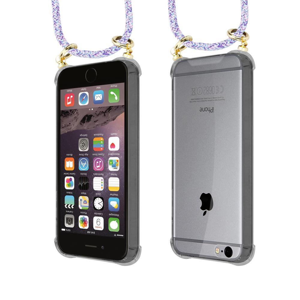 Due viste di un iPhone in custodia trasparente con laccetto.