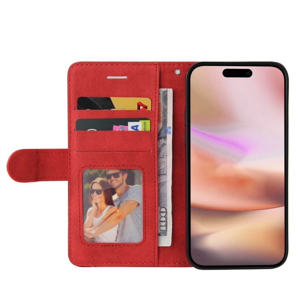 Custodia rossa per telefono con slot per carte, foto di coppia e banconote.
