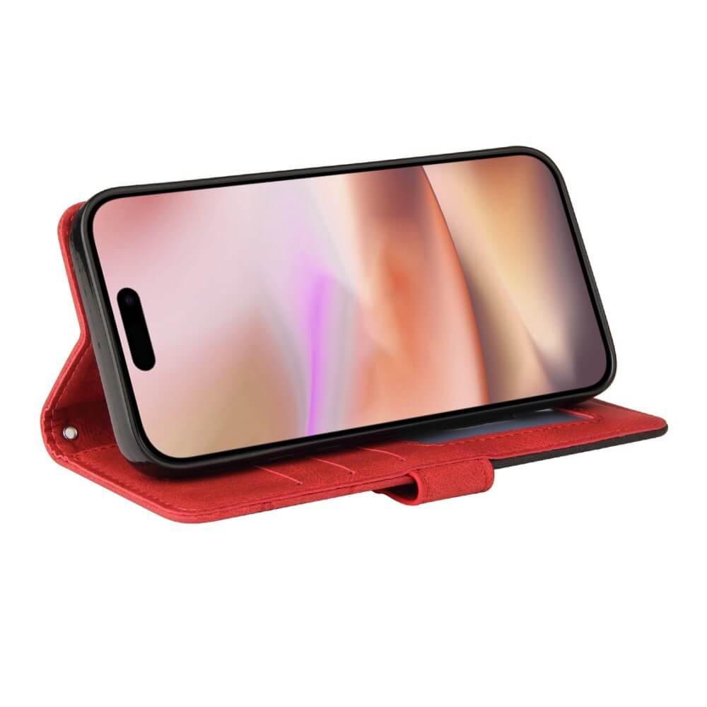 Custodia a libro rossa con smartphone che mostra uno sfondo colorato.