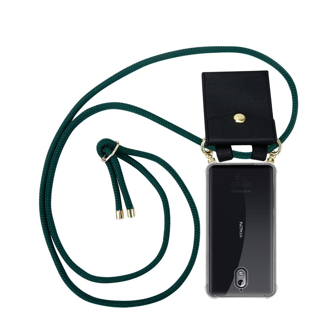 Schwarzes Smartphone mit schwarzem Umhängeband und kleiner Tasche.