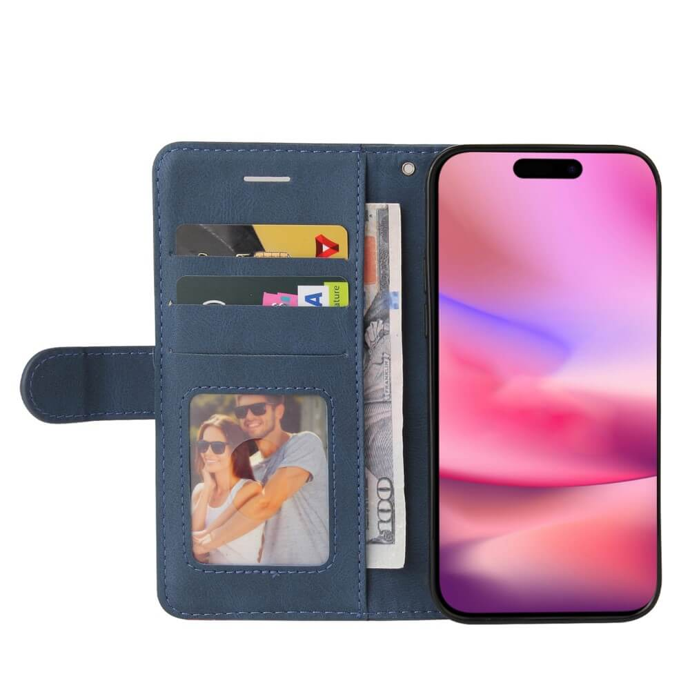 Custodia blu per telefono con slot per carte, foto, banconota e smartphone.