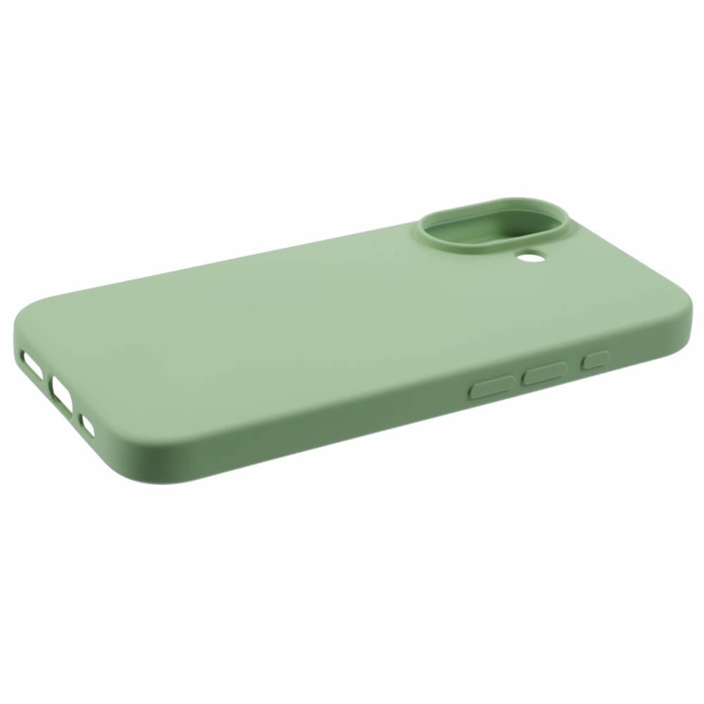 Una custodia verde chiaro per telefono con ritaglio fotocamera e pulsanti.