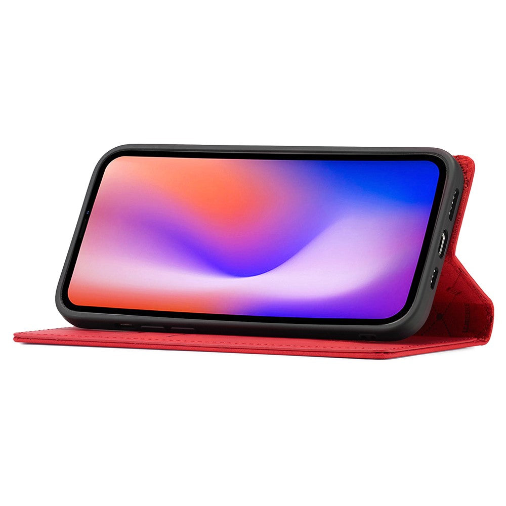 Una custodia rossa per telefono è aperta, rivelando uno smartphone con schermo colorato.