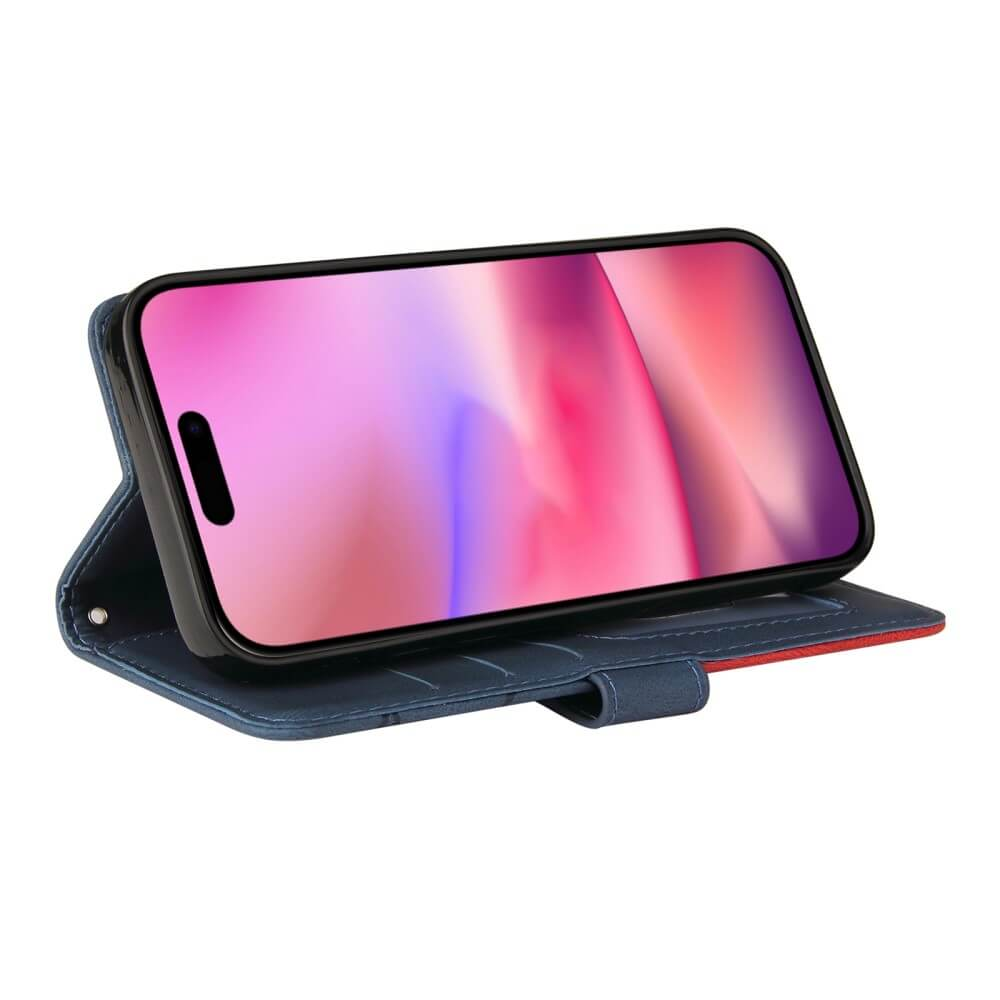 Una custodia a libro blu per telefono con uno smartphone che mostra uno sfondo colorato.