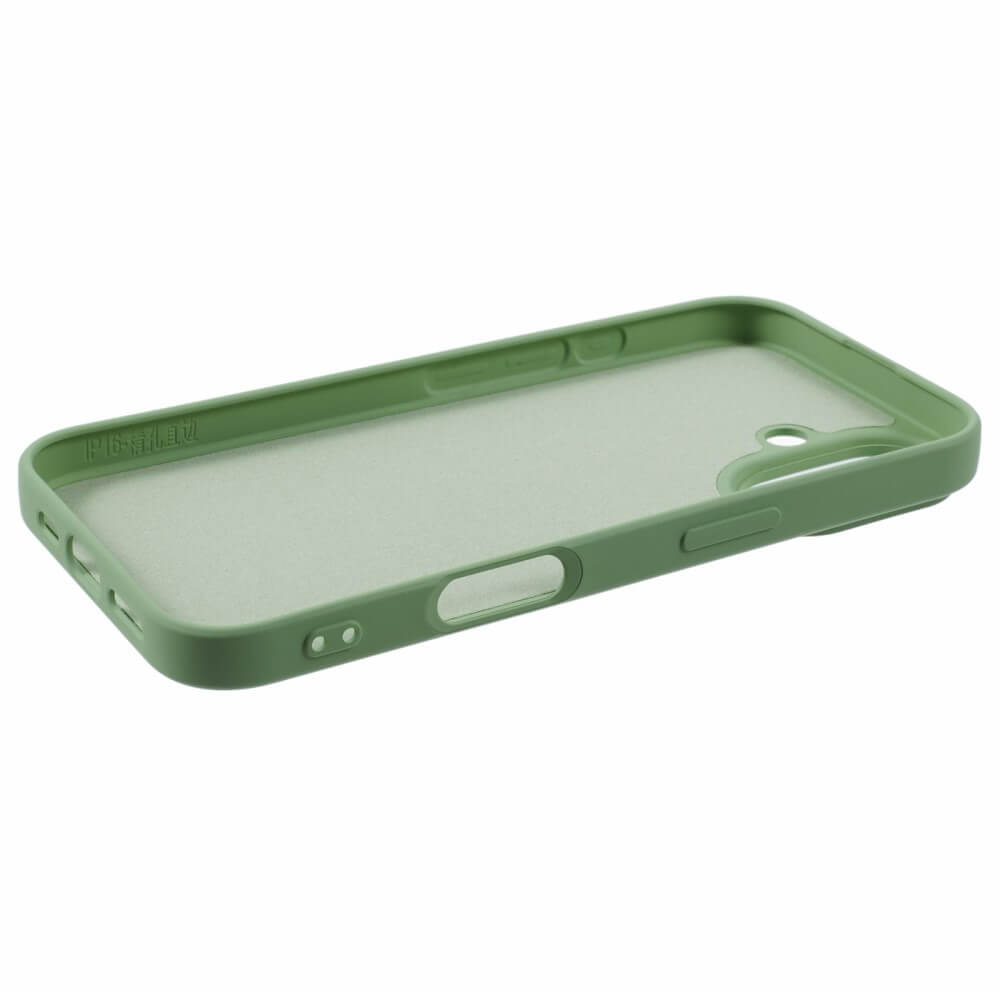 Custodia per telefono verde con ritagli per fotocamera e porte.