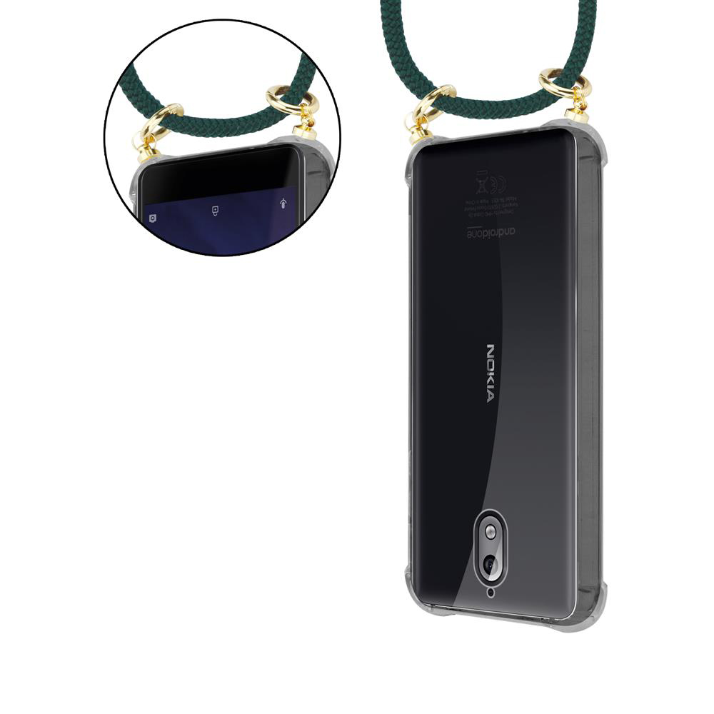 Ein schwarzes Nokia-Smartphone in einer durchsichtigen Hülle mit einem grünen Band.