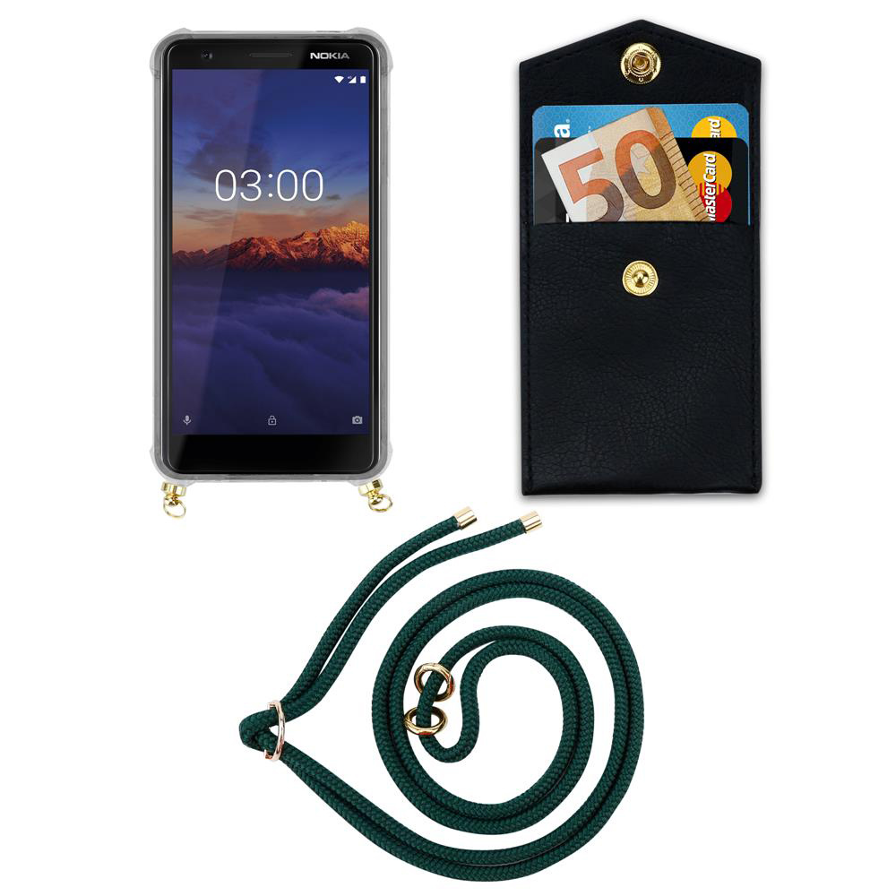Ein schwarzes Handy mit einer Hülle, einer Brieftasche und einer Schnur.