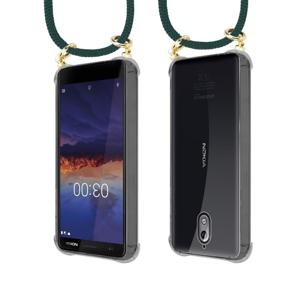 Zwei Ansichten eines Nokia-Handys in einer Schutzhülle mit grüner Schnur.