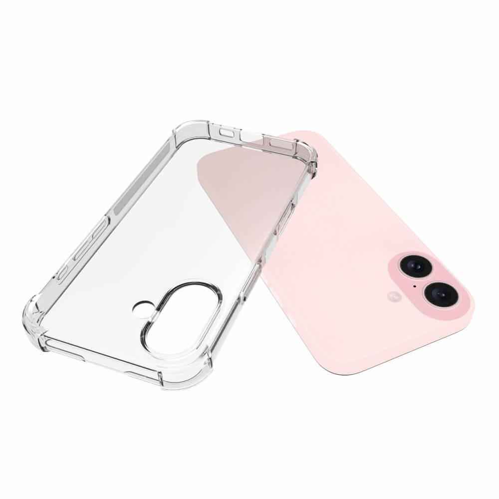 Una custodia trasparente per telefono poggia su uno smartphone rosa con doppia fotocamera.