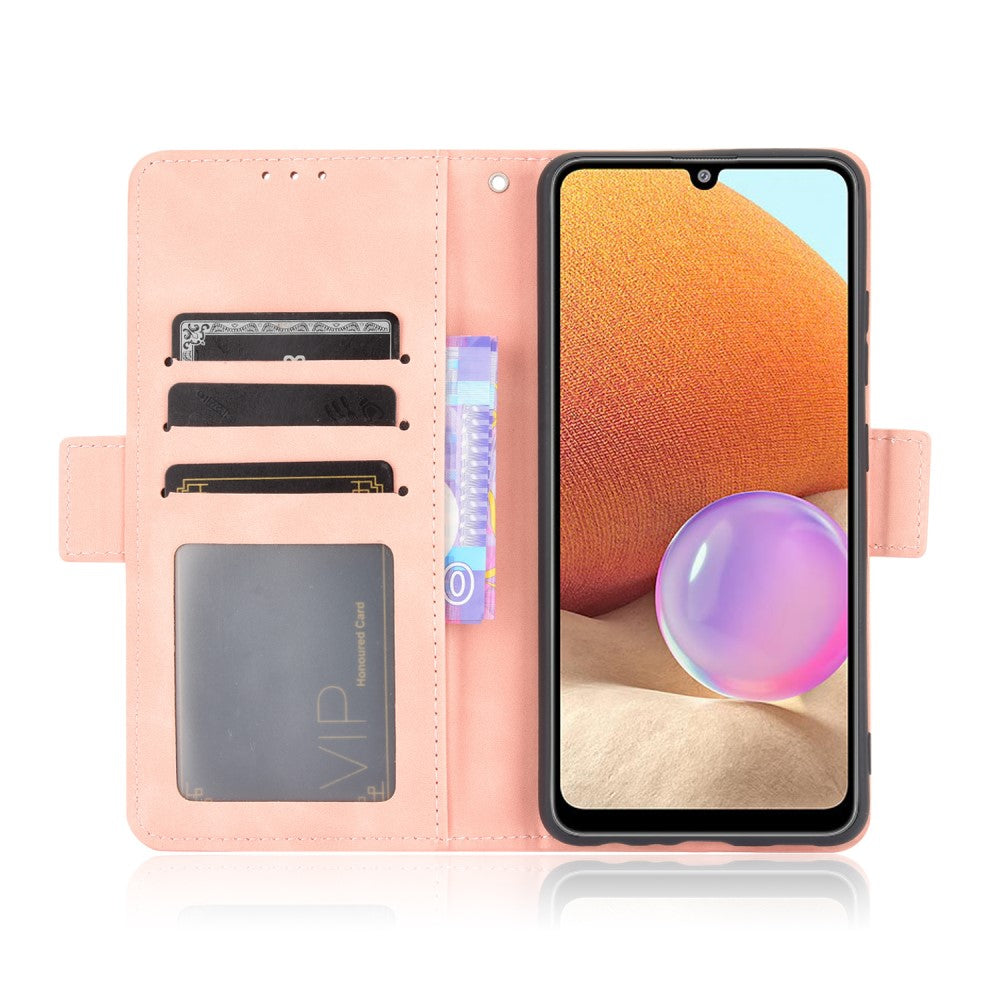 Una custodia rosa per telefono con slot per carte e uno smartphone.