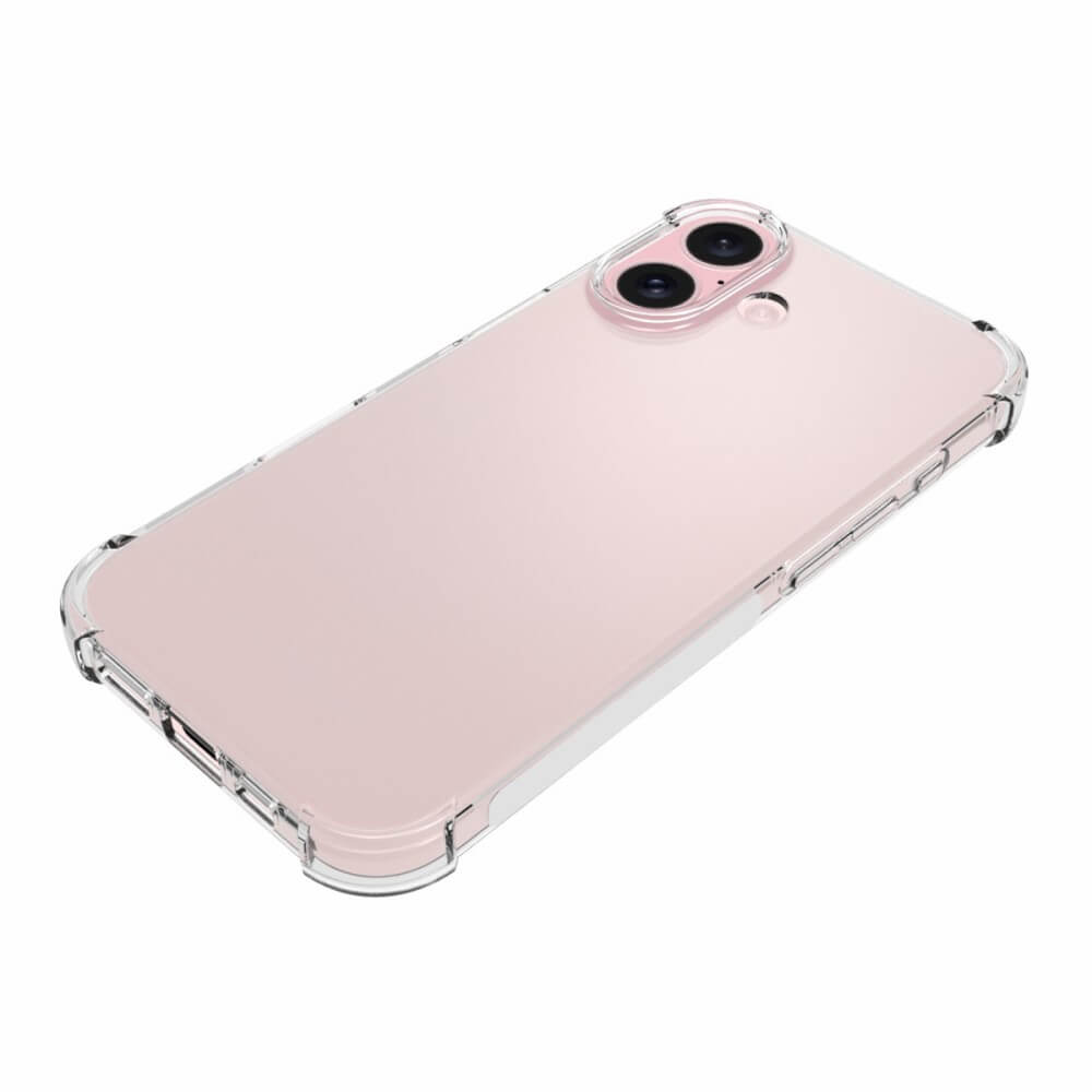Una custodia trasparente su un telefono rosa chiaro con due fotocamere.