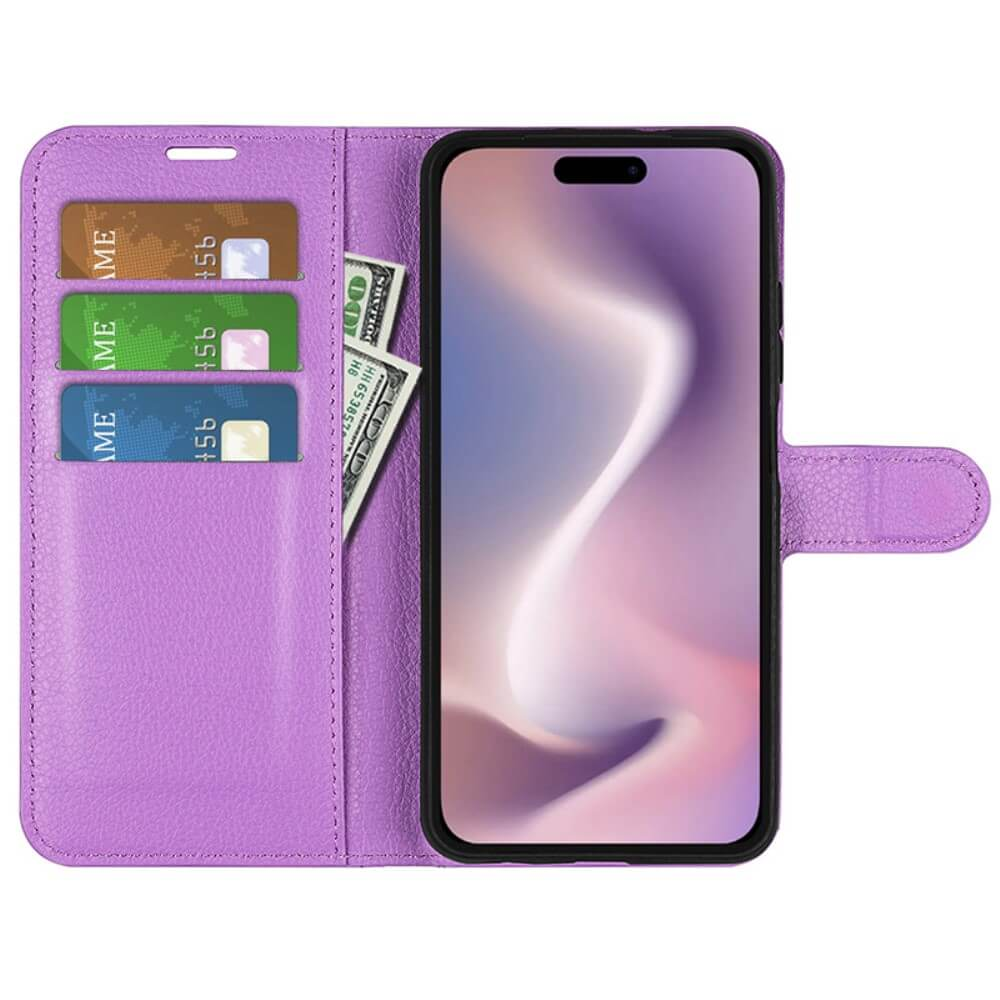 Custodia viola per telefono con slot per carte e contanti. Uno smartphone è inserito.