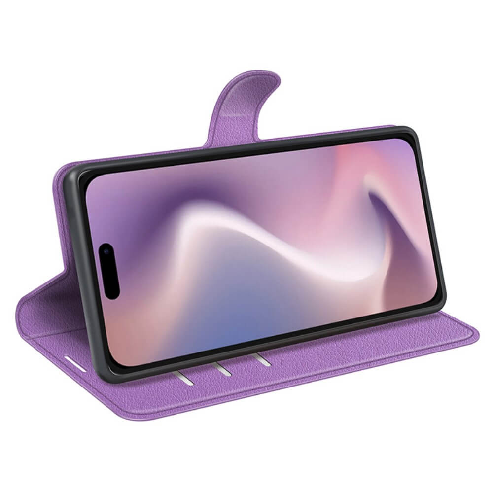 Custodia viola aperta, mostra uno smartphone con schermo viola e bianco.