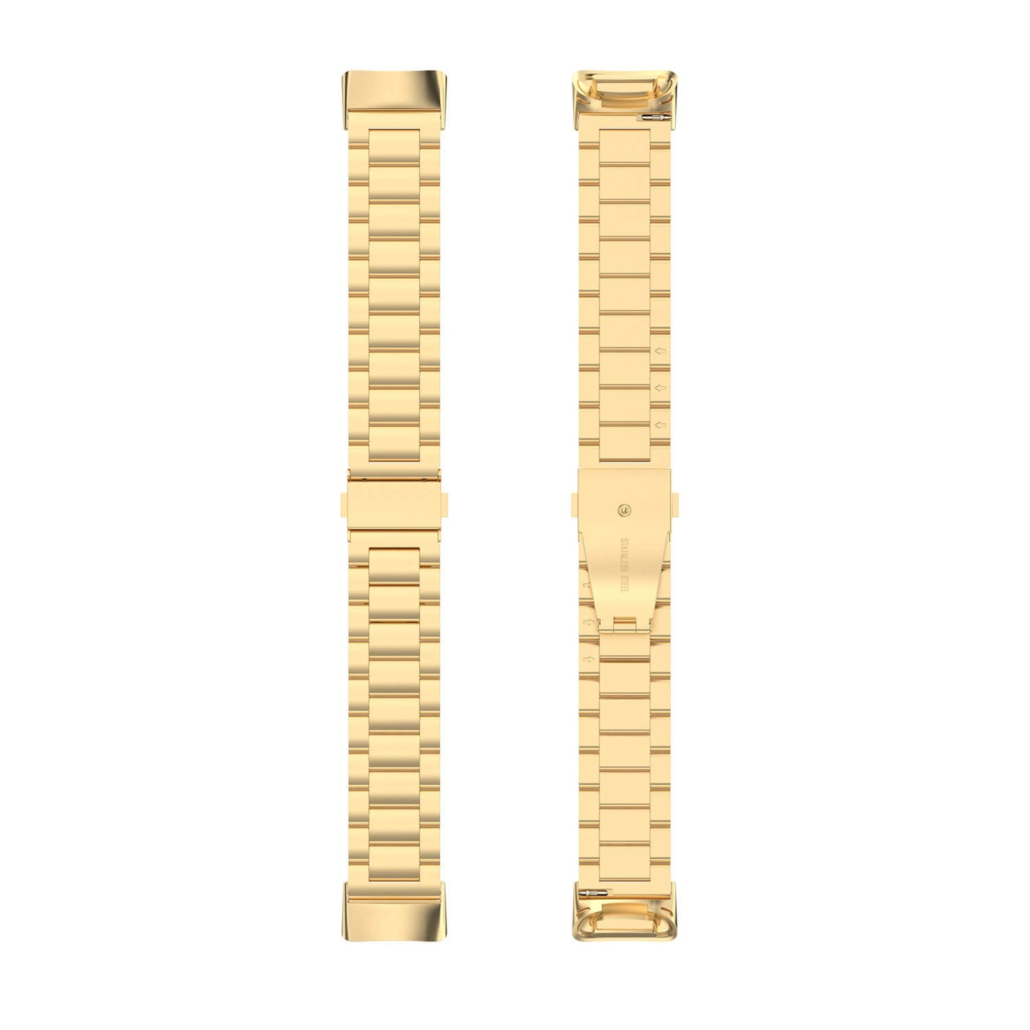 Deux bracelets de montre en métal doré côte à côte sur fond blanc.