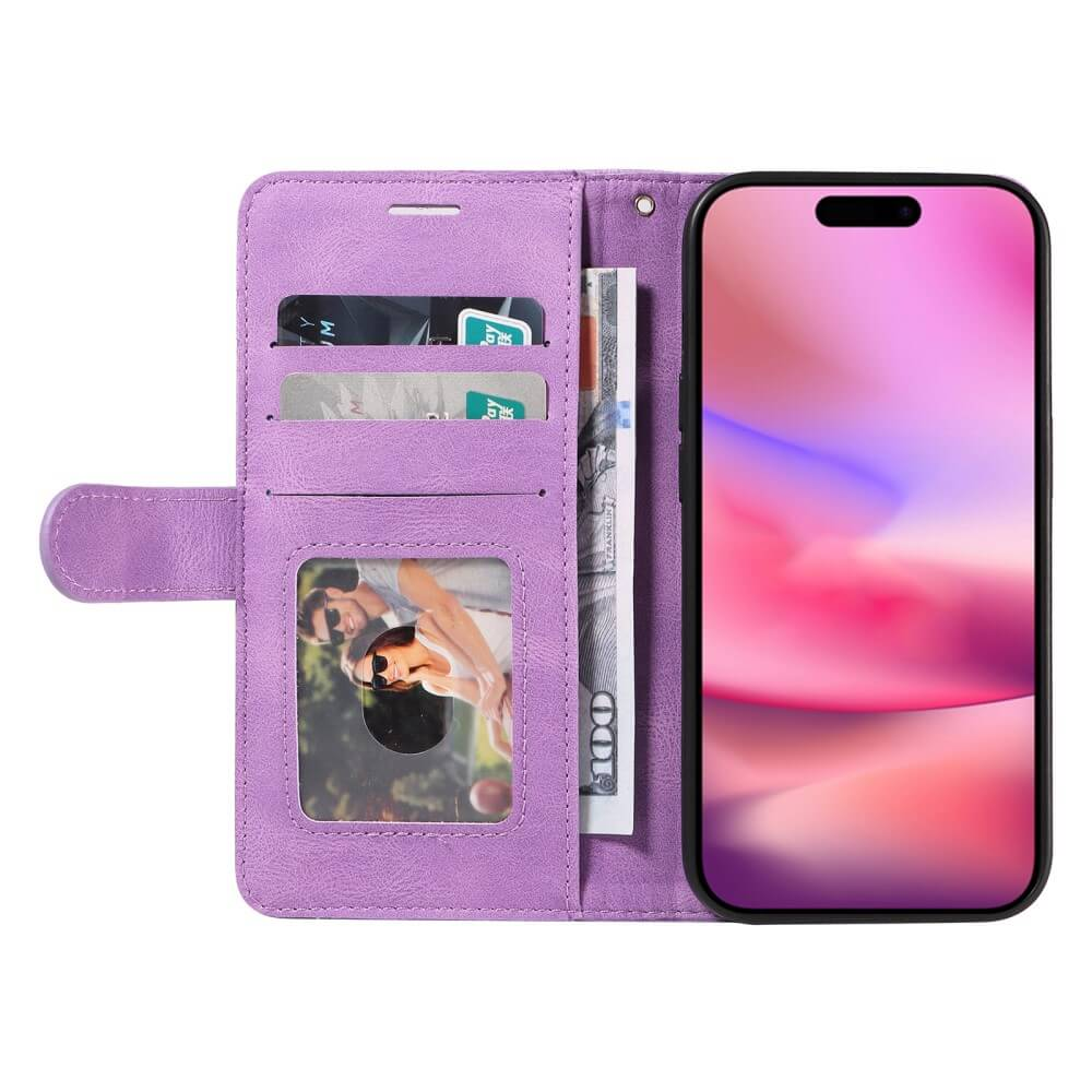Custodia viola per telefono con porta carte, banconote e foto.