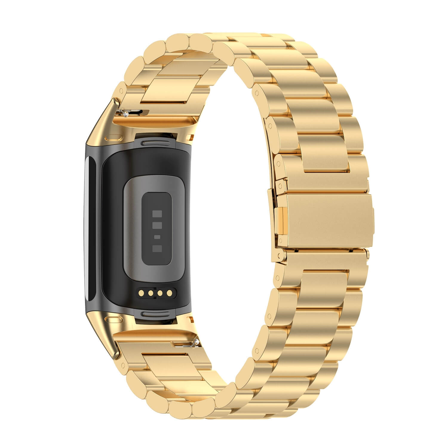 Bracelet de montre en métal doré attaché à un appareil de fitness noir.