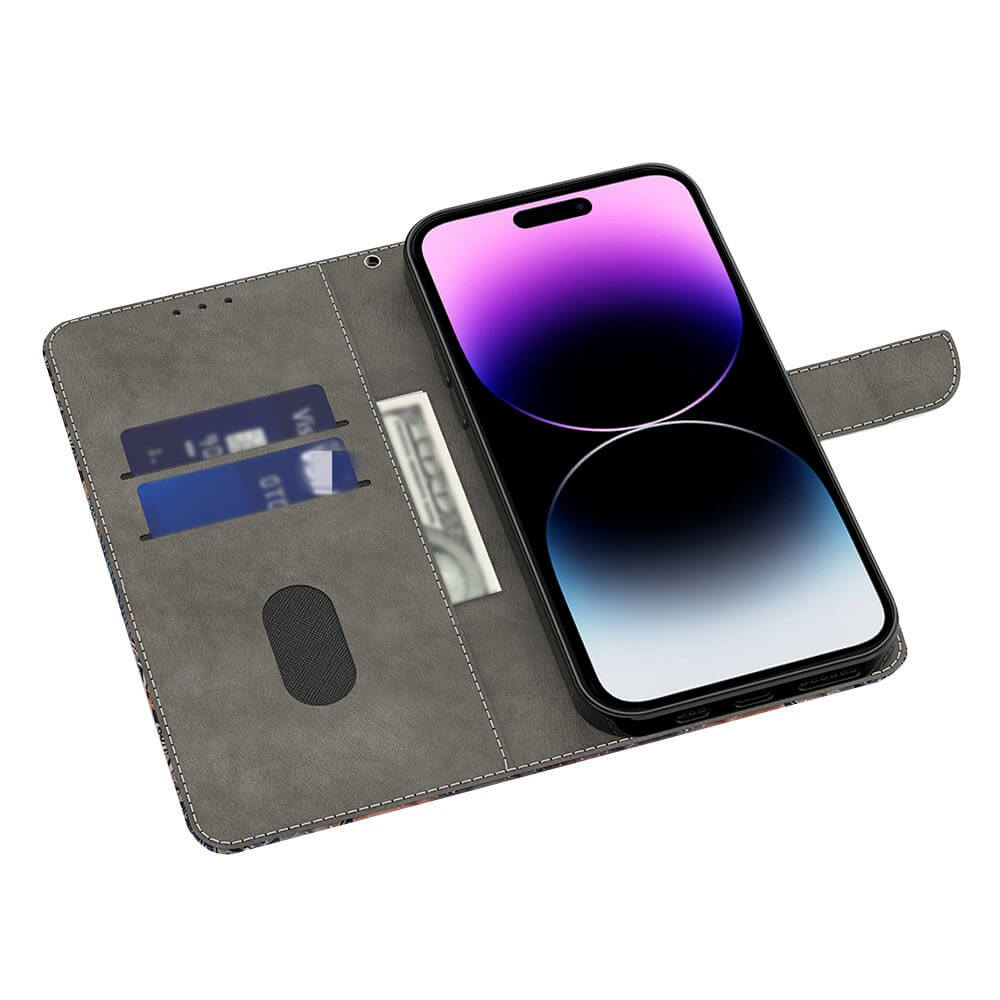 Custodia a libro grigia con porta carte e banconota, aperta con telefono.