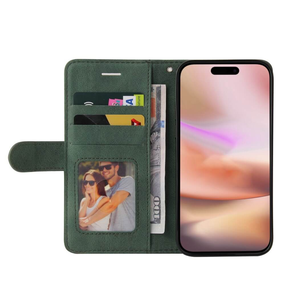 Portafoglio verde con slot telefono, carte e contanti.