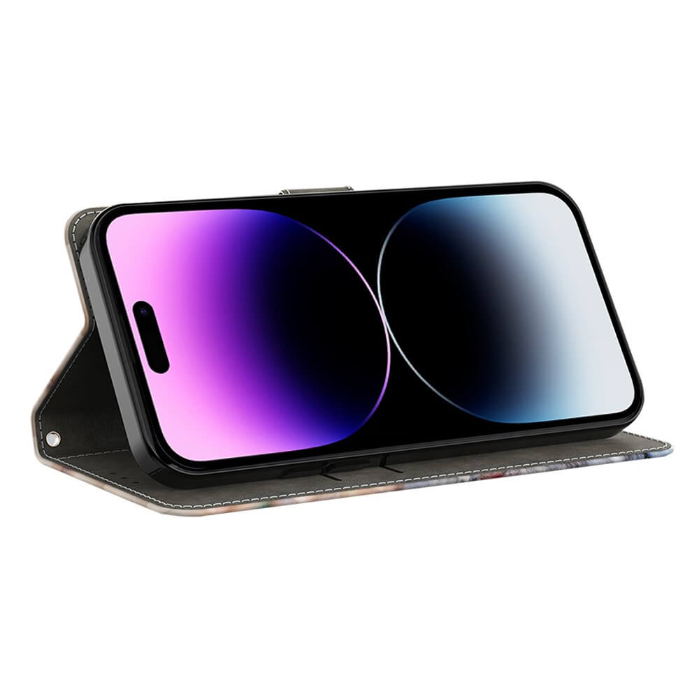 Uno smartphone in una custodia, in posizione verticale. Lo schermo mostra cerchi viola e blu.