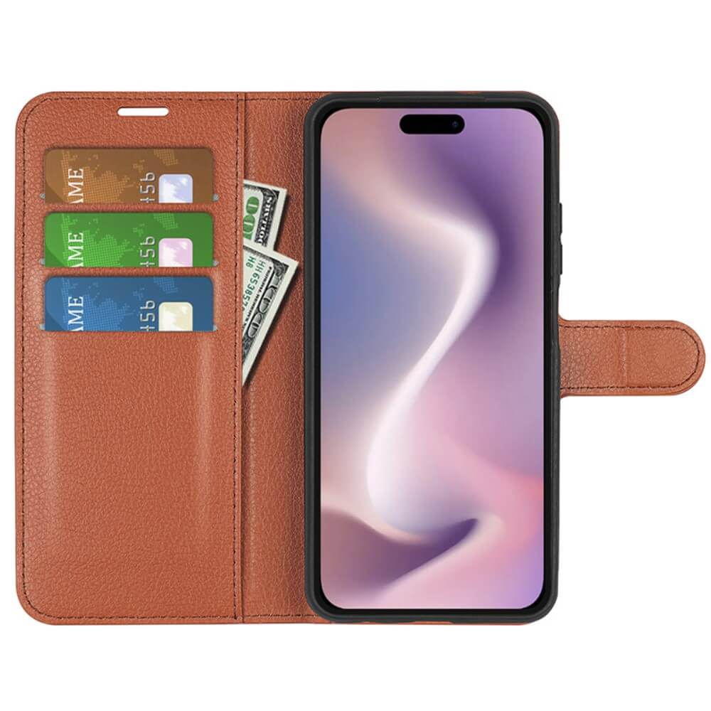 Custodia a portafoglio marrone con telefono, carte e banconota.