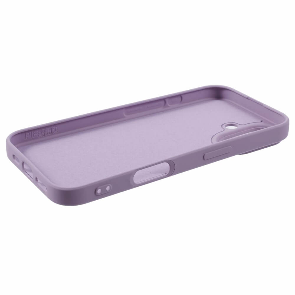 Una cover viola chiaro per telefono con ritagli per fotocamera e porte.